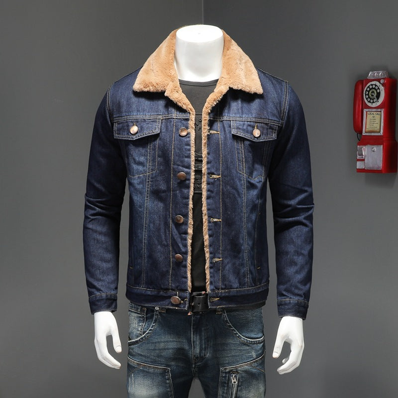Herr Vinter Denimjacka Förtjockad Fleecefodrad Slim Passform och Normal Krage