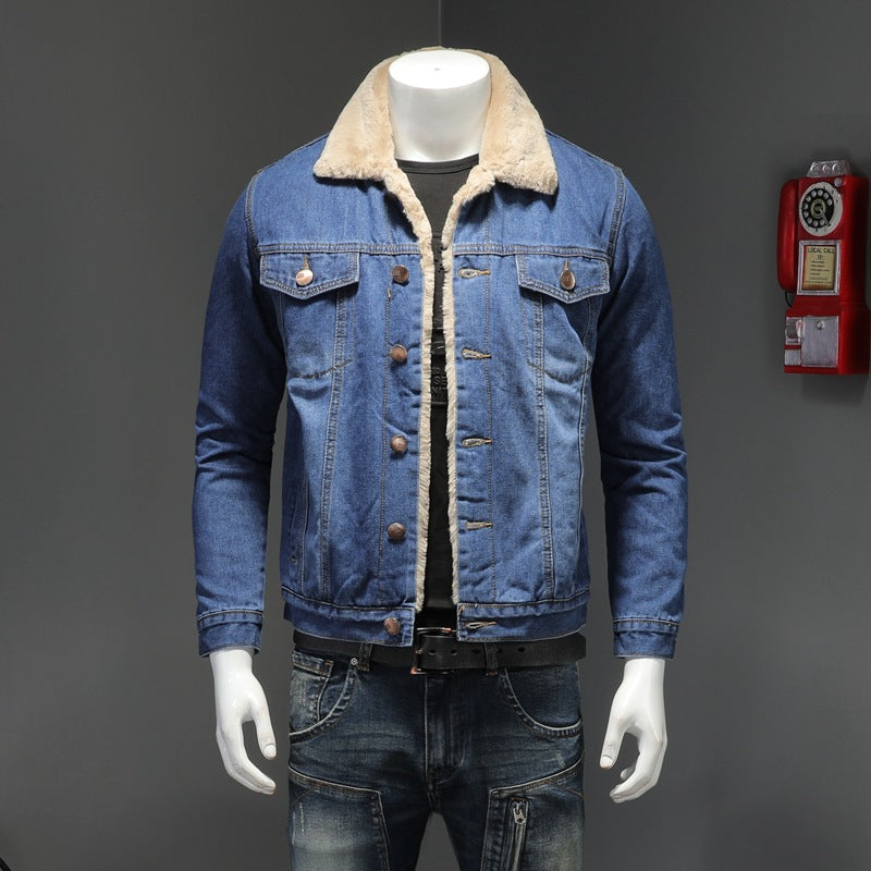 Herr Vinter Denimjacka Förtjockad Fleecefodrad Slim Passform och Normal Krage