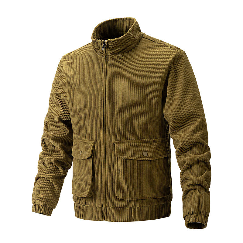 Men Spring Corduroy Jacket Regular Fit Solid Färg Straight Hem