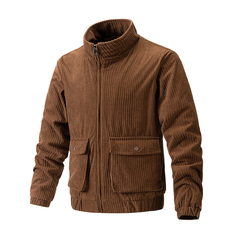 Men Spring Corduroy Jacket Regular Fit Solid Färg Straight Hem