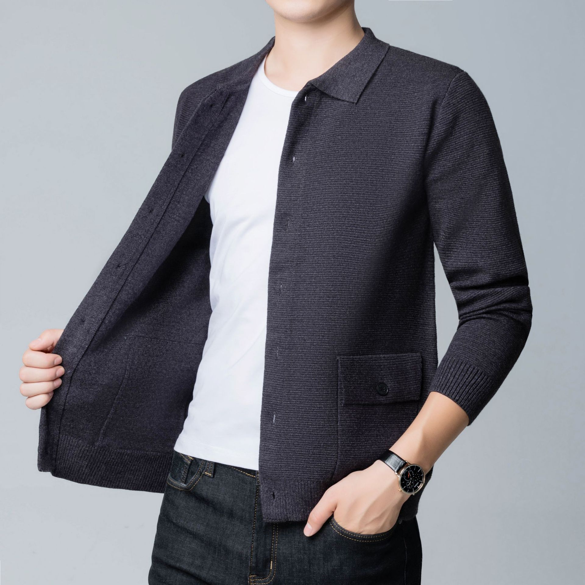 Herrstickad Kofta, Slim Fit, Slagkrage, Långärmad, Framfickor