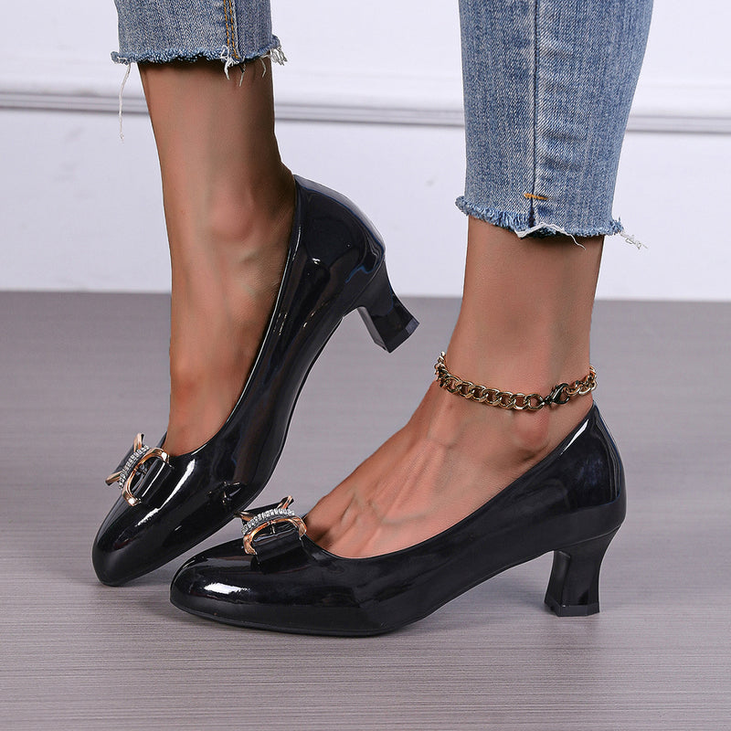 Kvinnliga Pumps med Spetsig Tå, Rosettdetalj, Medelhög Klack, PU-överdel och Strass