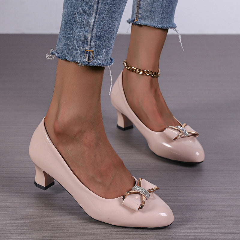 Kvinnliga Pumps med Spetsig Tå, Rosettdetalj, Medelhög Klack, PU-överdel och Strass