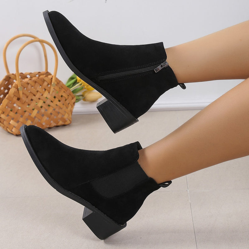 Höstkängor I Mocka Med Spetsig Tå, Dragkedja I Sidan, Grov Mellanhäl Och Gummisula För Kvinnor