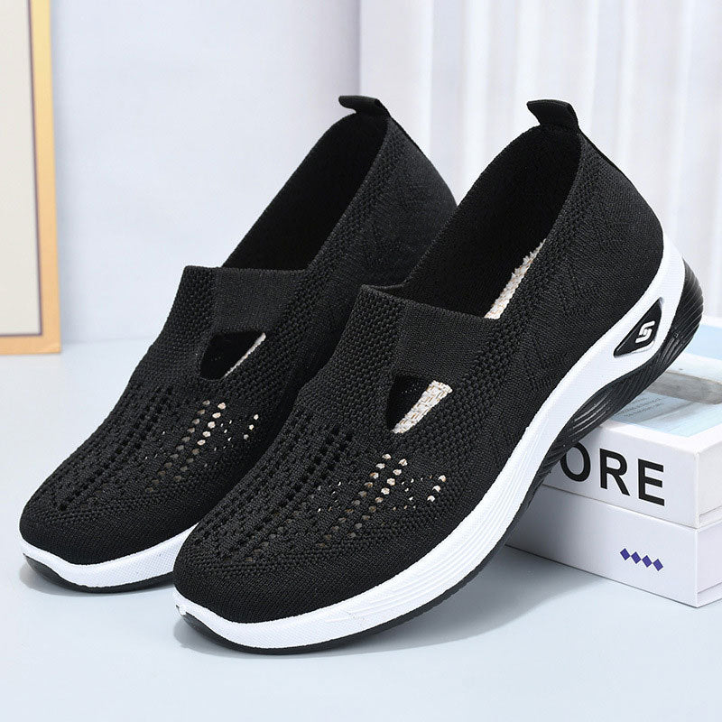 Damsommarskor Med Låga, Ventilerande Mesh-Slip-On-Detaljer, Rund Tå Och Platt Klack
