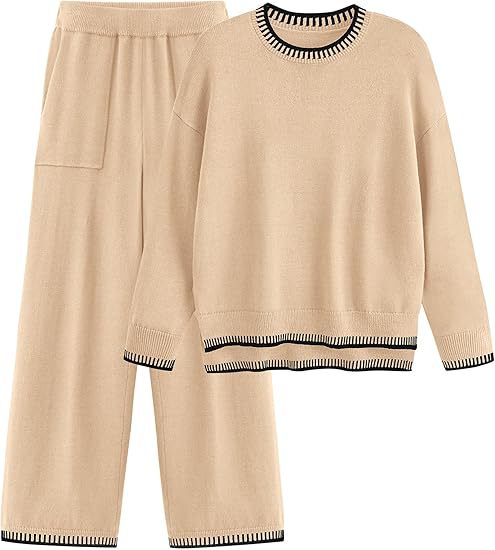 Dam Vårset Tvådelat Stickad Tröja Långärmad Vida Byxor