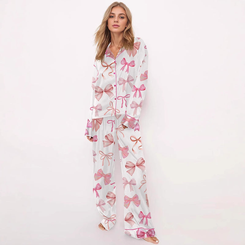 Kvinnors Vårpyjamas Set Tryckt Knäppning Lång Ärm Topp och Byxor