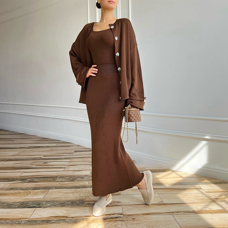 Kvinnors Höststickad Kofta Set med Slim-Fit och Knäppning