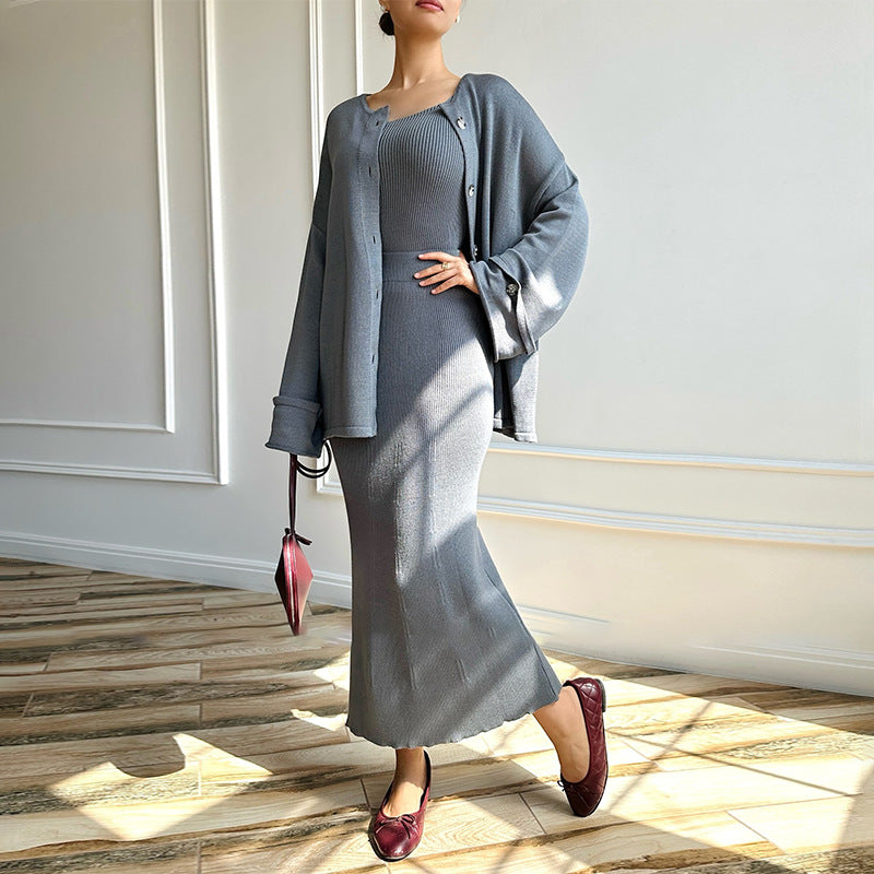 Kvinnors Höststickad Kofta Set med Slim-Fit och Knäppning