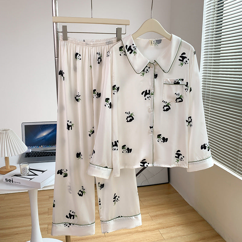 Kvinnligt Sommarpyjamasset med Tryckt Mönster, Långärmad Kavaj med Krage och Is-silkesfinish