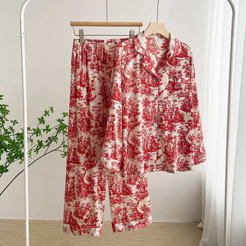 Kvinnligt Sommarpyjamasset med Tryckt Mönster, Långärmad Kavaj med Krage och Is-silkesfinish