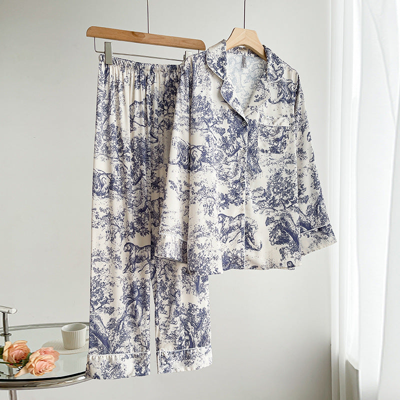 Kvinnligt Sommarpyjamasset med Tryckt Mönster, Långärmad Kavaj med Krage och Is-silkesfinish