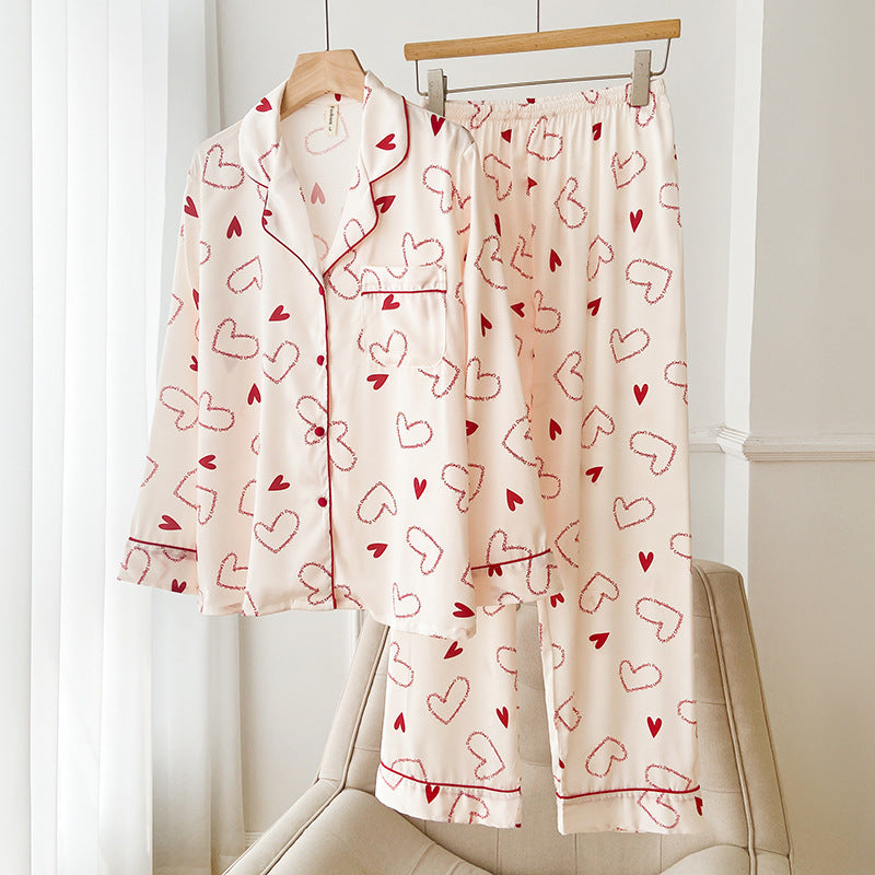 Kvinnligt Sommarpyjamasset med Tryckt Mönster, Långärmad Kavaj med Krage och Is-silkesfinish