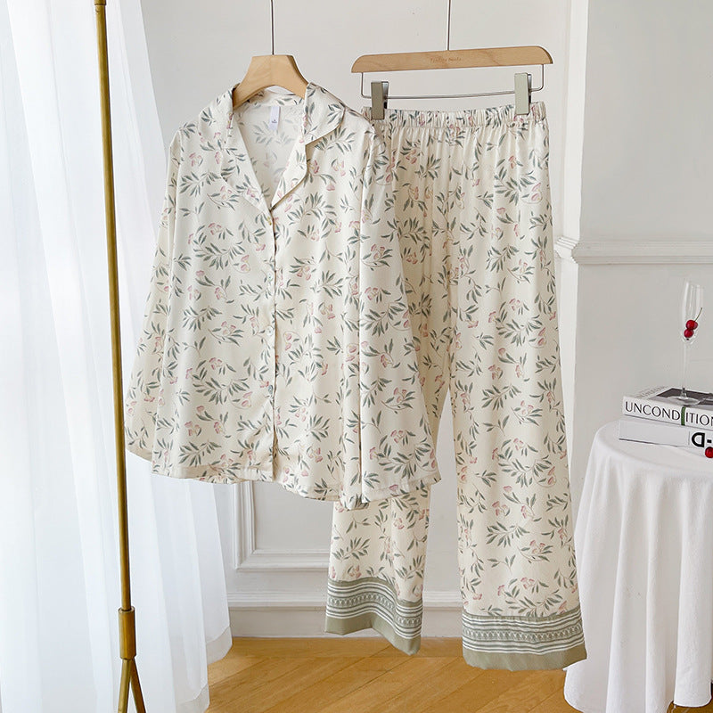 Kvinnligt Sommarpyjamasset med Tryckt Mönster, Långärmad Kavaj med Krage och Is-silkesfinish