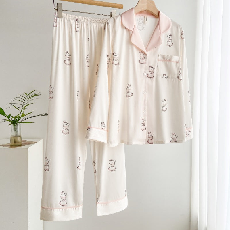 Kvinnligt Sommarpyjamasset med Tryckt Mönster, Långärmad Kavaj med Krage och Is-silkesfinish