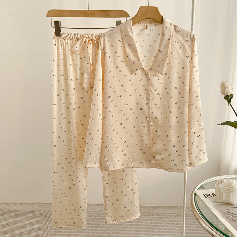 Kvinnligt Sommarpyjamasset med Tryckt Mönster, Långärmad Kavaj med Krage och Is-silkesfinish