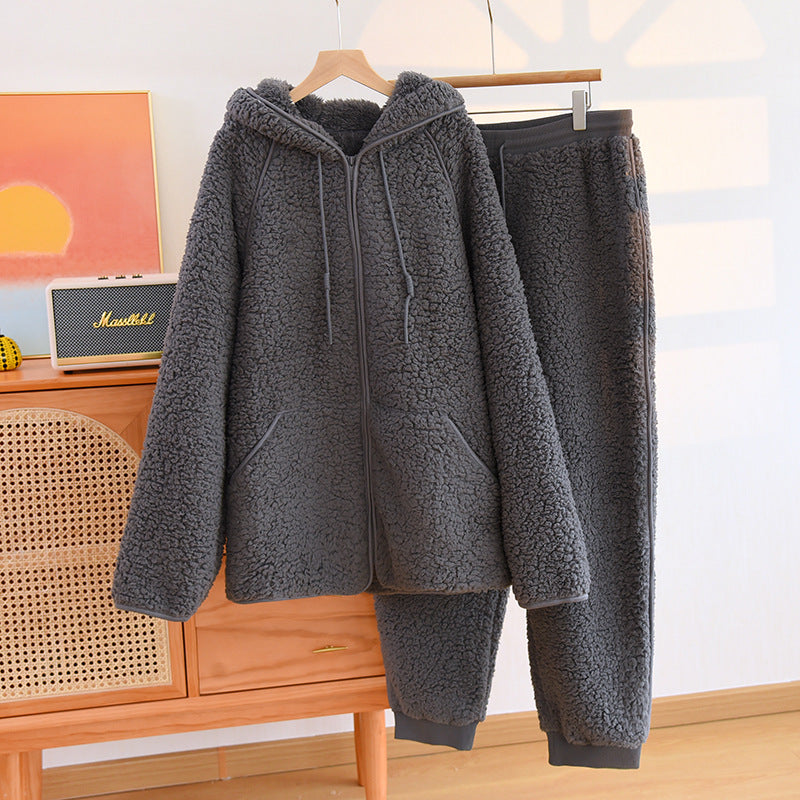 Kvinnligt höst-set i flanell – tvådelad mysdress med huva och byxor