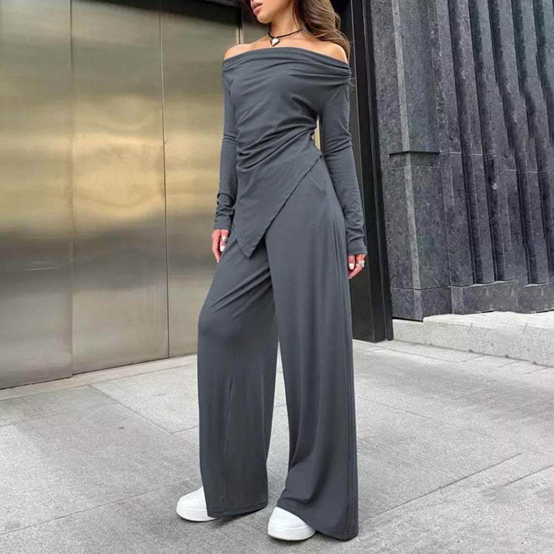 Kvinnors Tvådelade Set Off-Neck Lång Ärm Oregelbunden Fåll Slim-Fit Topp med Hög Midja Byxor