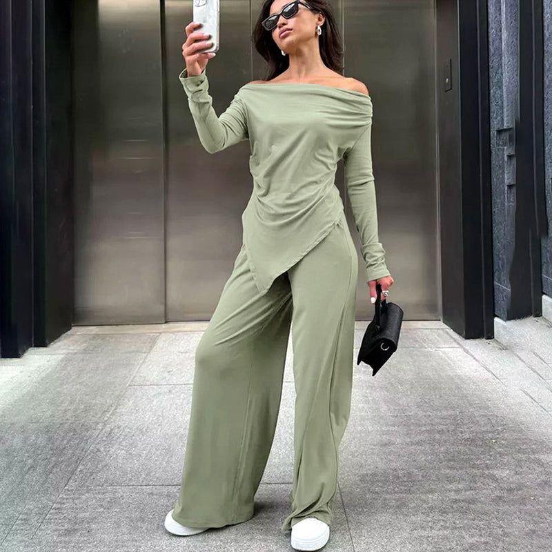 Kvinnors Tvådelade Set Off-Neck Lång Ärm Oregelbunden Fåll Slim-Fit Topp med Hög Midja Byxor