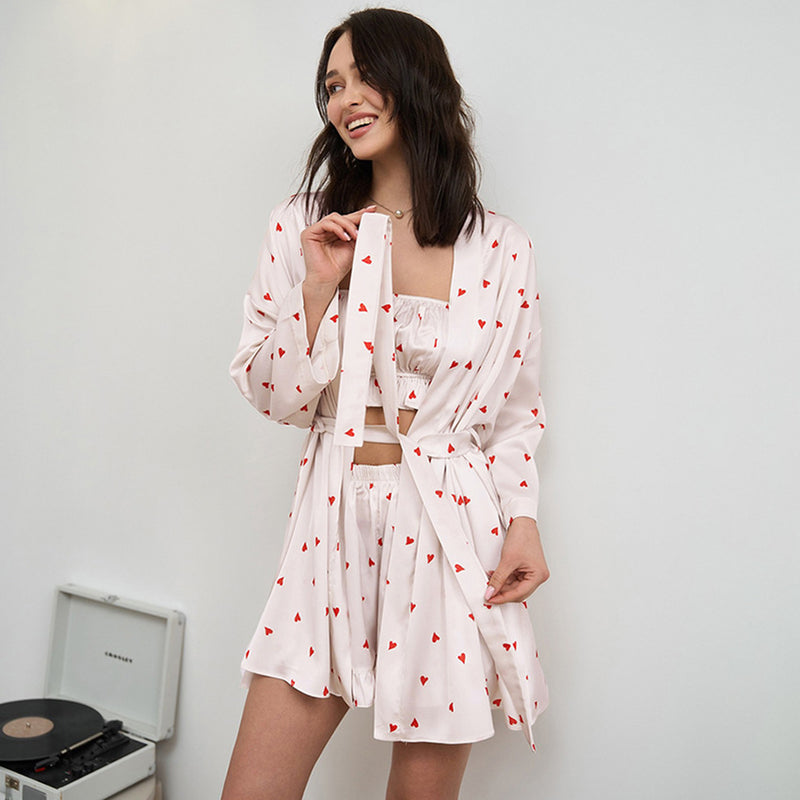 Kvinnors tredelade pyjamasset för våren med långärmad topp, shorts och ytterlager