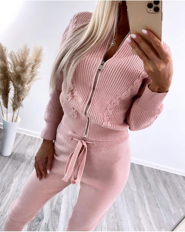 Vårset I Två Delar För Kvinnor Med Långärmad Topp Med Dragkedja Och Långa Byxor