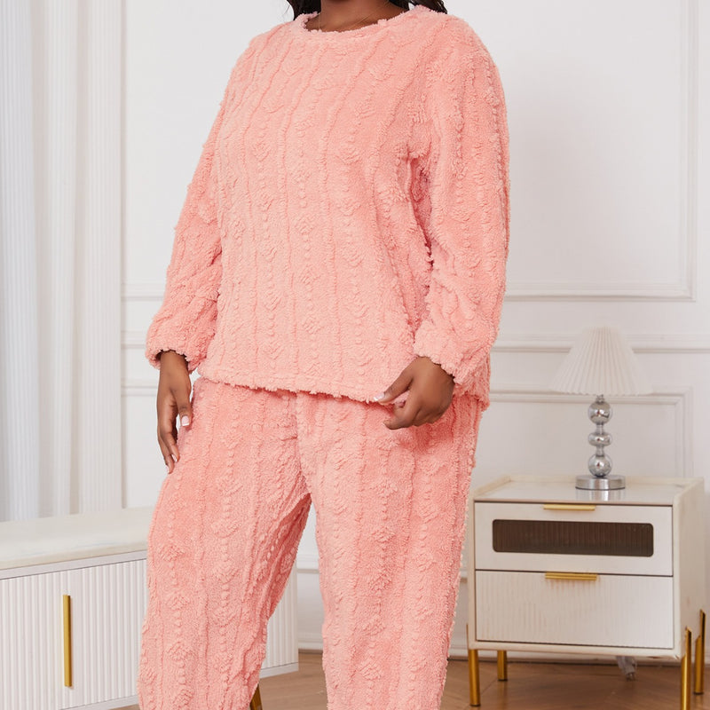 Kvinnlig Plus Storlek Pyjamasset Med Rund Halsringning Och Hellånga Byxor