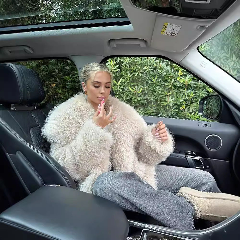 Dam Höst Fuskpälsjacka Kort Stor Krage Vanliga Ärmar