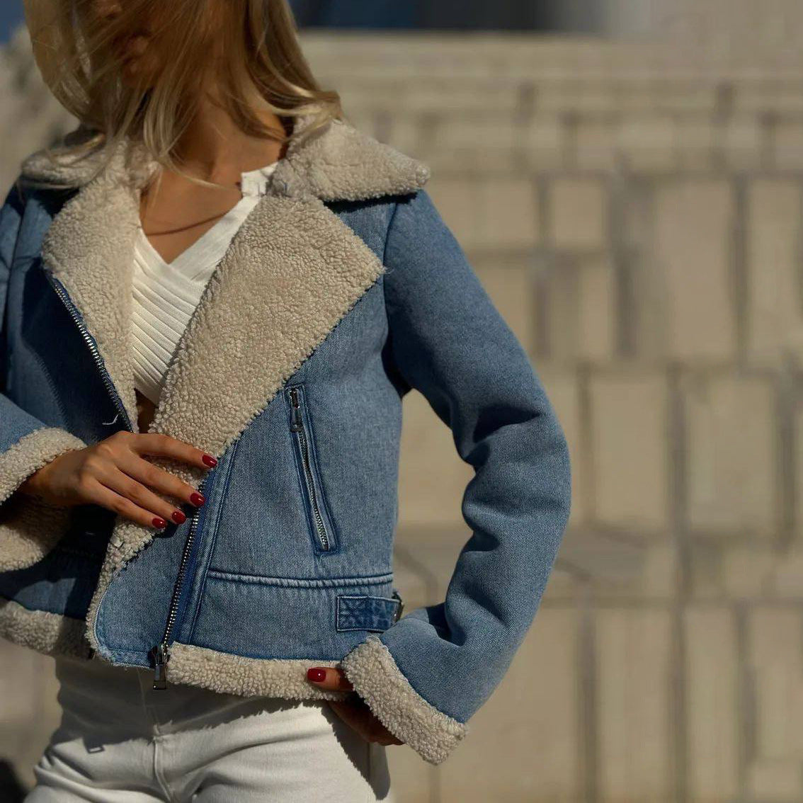 Dam Vinter Denimjacka med Fleecefoder Kort Lös Passform och Långa Ärmar