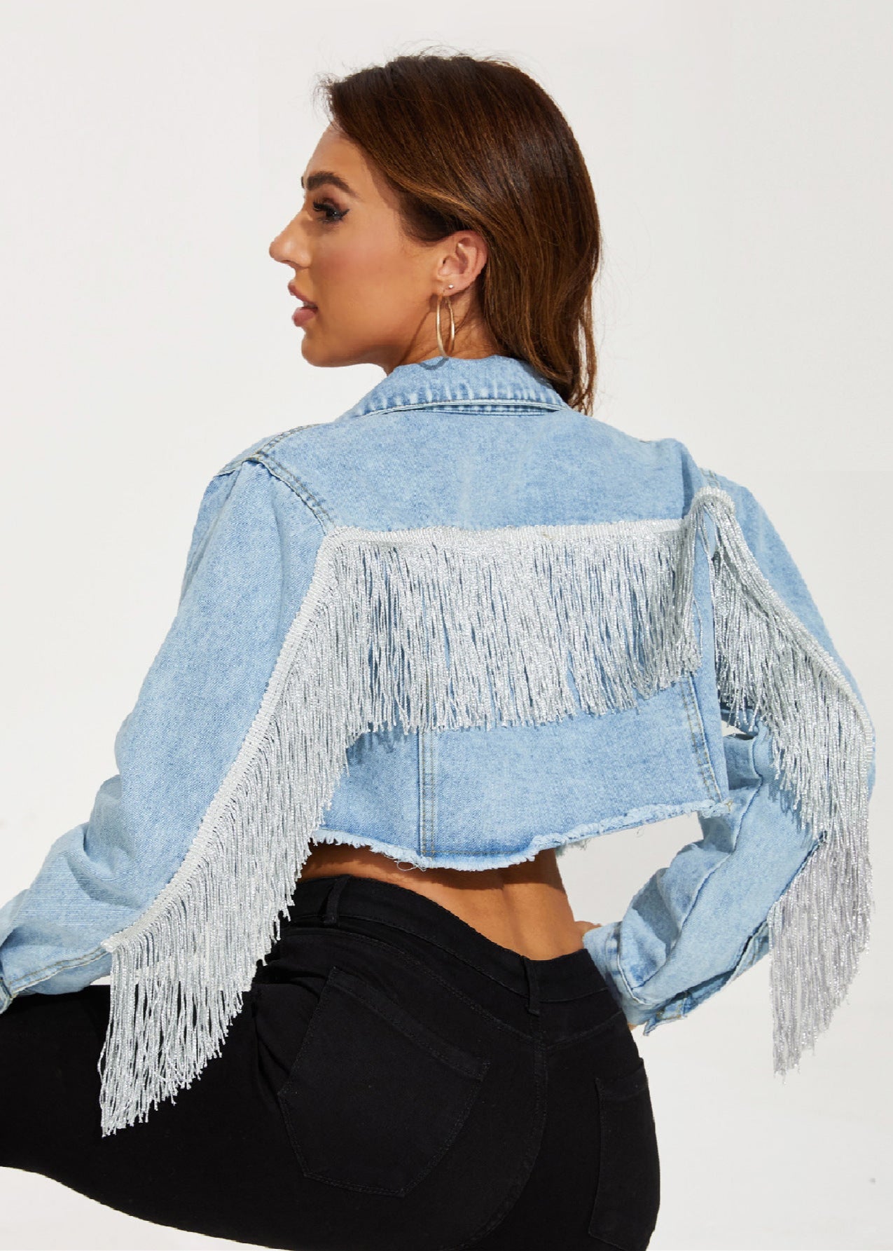 Dam Vår Jeansjacka Kort Modell Med Tofsömmar Och Slitna Detaljer