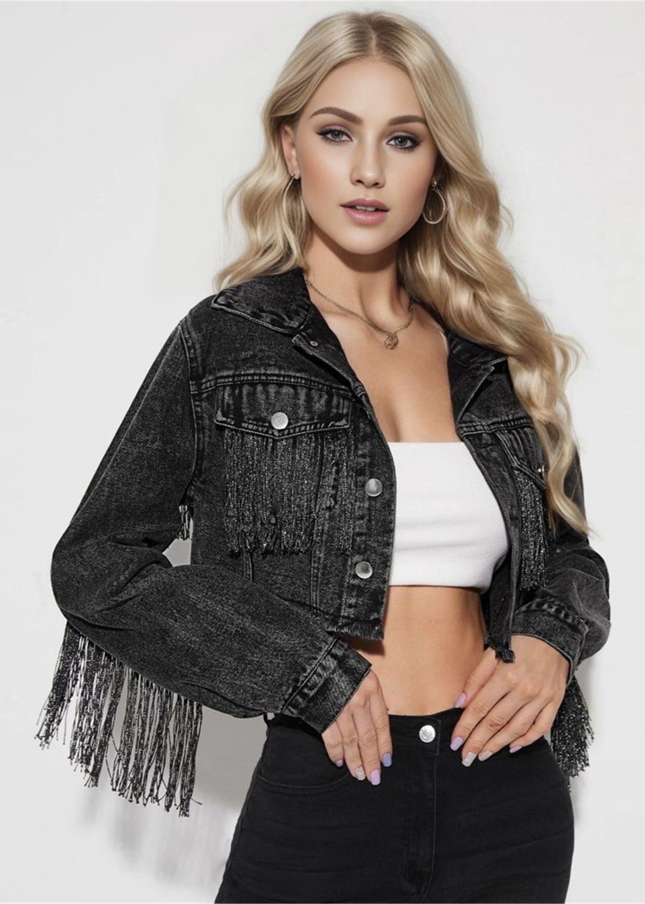 Dam Vår Jeansjacka Kort Modell Med Tofsömmar Och Slitna Detaljer