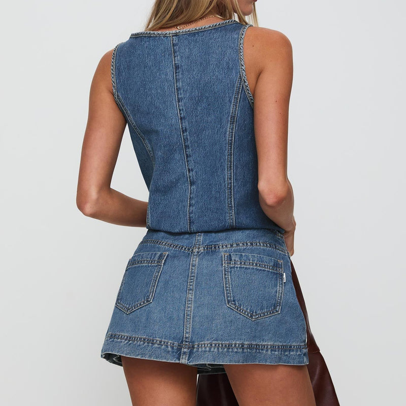 Vårset Med Väst Och Shorts I Denimblandning För Kvinnor Med Snörning
