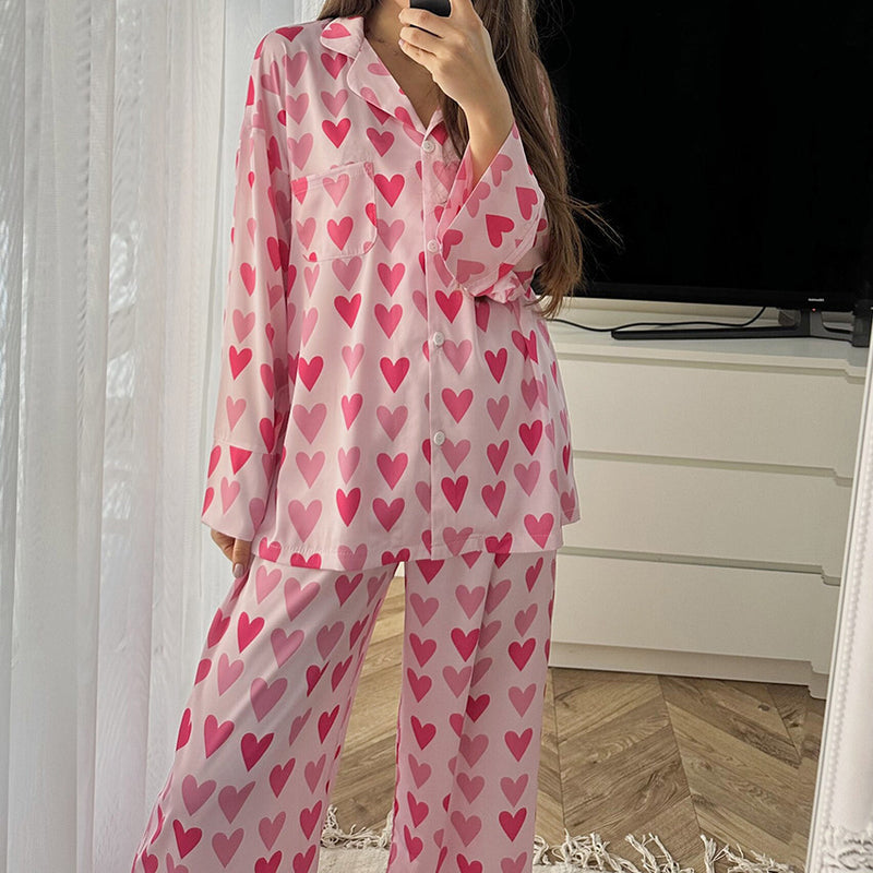 Pyjamaset Med Hjärtmönster I Satin Och Kofta Och Byxor För Kvinnor Med Resår I Midjan