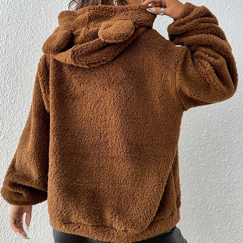 Kvinnors plyschhoodie för hösten med huva, lös passform och öppen front