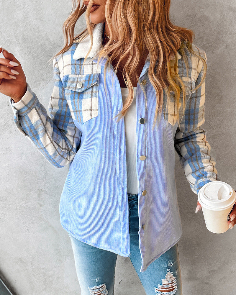 Höstmanchesterjacka För Kvinnor, Färgat Blockmönster, Tryckt Design, Avslappnad Passform