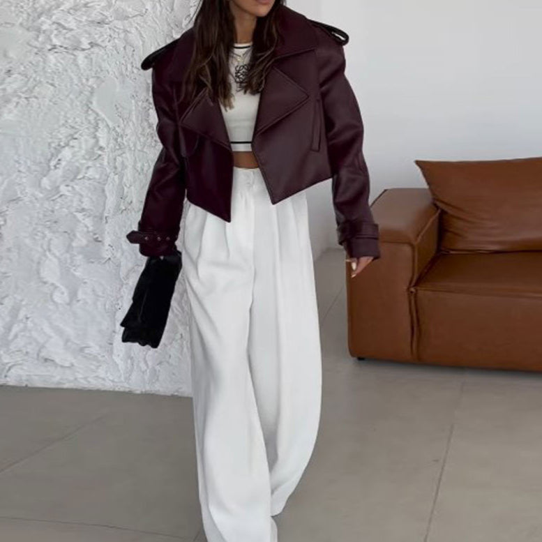 Korta Höstkappa För Kvinnor, Lös Passform, Imiterat Läder, Mörkröd