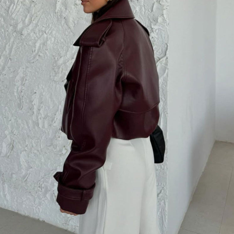 Korta Höstkappa För Kvinnor, Lös Passform, Imiterat Läder, Mörkröd