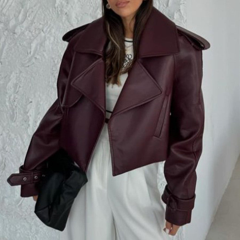 Korta Höstkappa För Kvinnor, Lös Passform, Imiterat Läder, Mörkröd