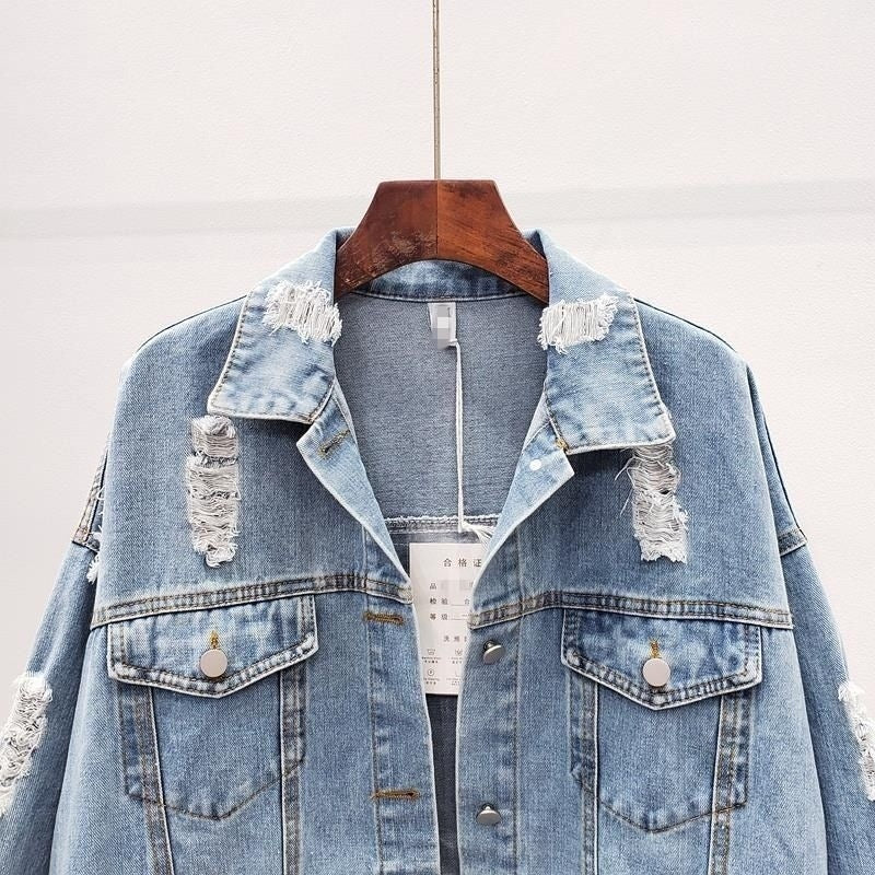 Dam Vårjacka I Denimblandning Med Sliten Design, Lös Passform, Blå