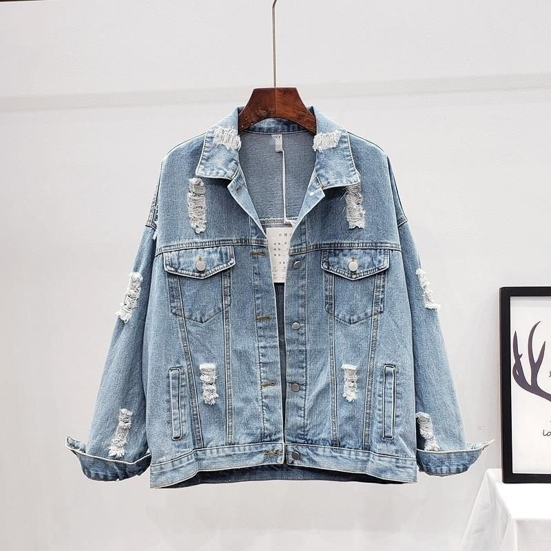 Dam Vårjacka I Denimblandning Med Sliten Design, Lös Passform, Blå