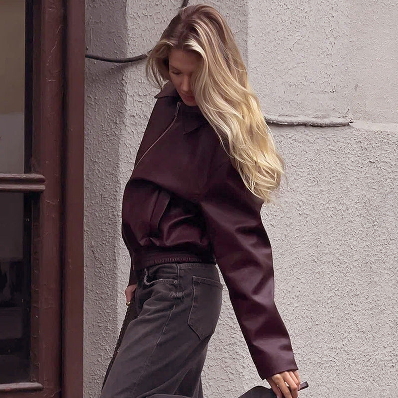 Dam Höst Kort Jacka Pu Tyg Slim Fit Dragkedja