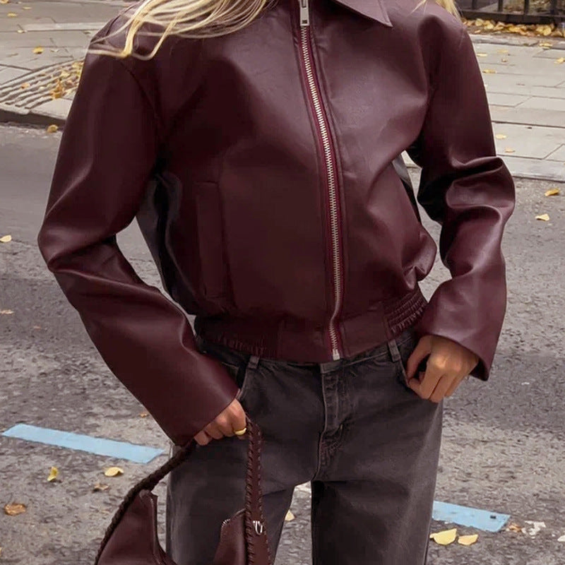 Dam Höst Kort Jacka Pu Tyg Slim Fit Dragkedja
