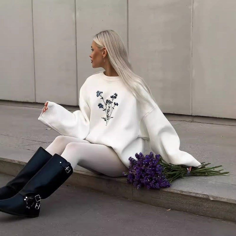 Dam Hösttröja Med Rund Halsringning Blommig Broderi Normal Passform Långärmad Vit