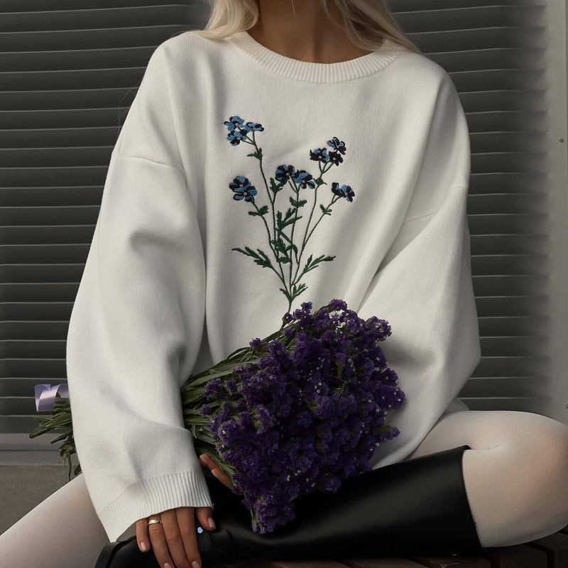Dam Hösttröja Med Rund Halsringning Blommig Broderi Normal Passform Långärmad Vit