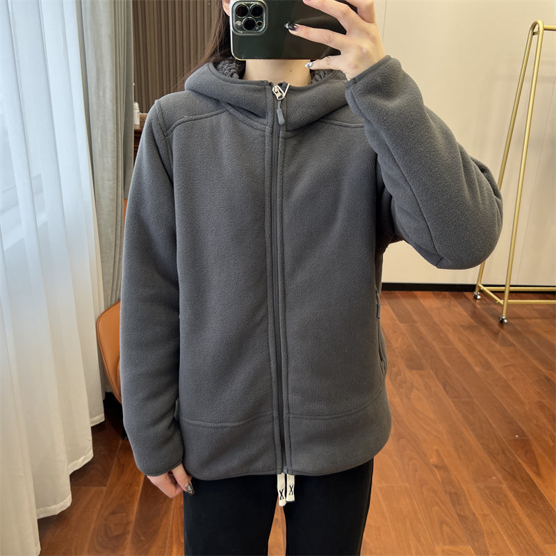 Dam Vinterhuvtröja Med Polarfleece, Dubbelsidig, Tjock Dragkedja, Långärmad