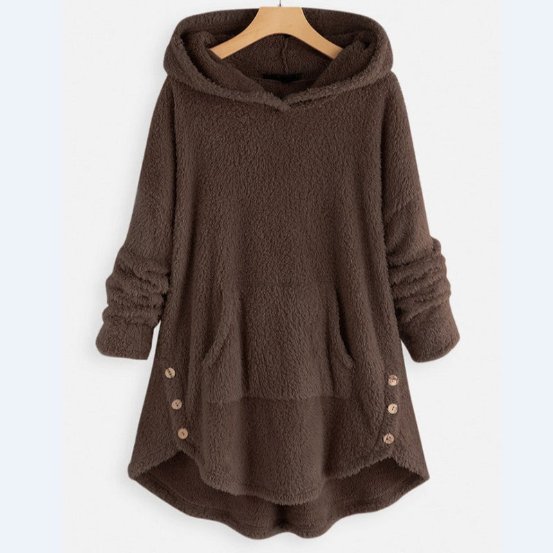 Dam Hösttröja Med Huva, Dubbelsidig Fleece, Mellanlång, Lös Passform