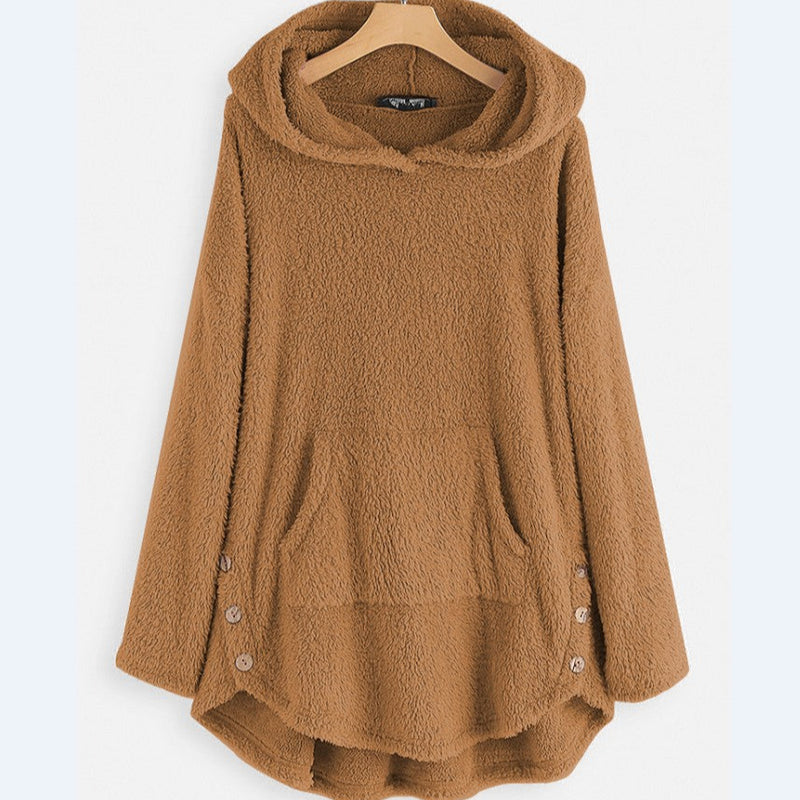 Dam Hösttröja Med Huva, Dubbelsidig Fleece, Mellanlång, Lös Passform
