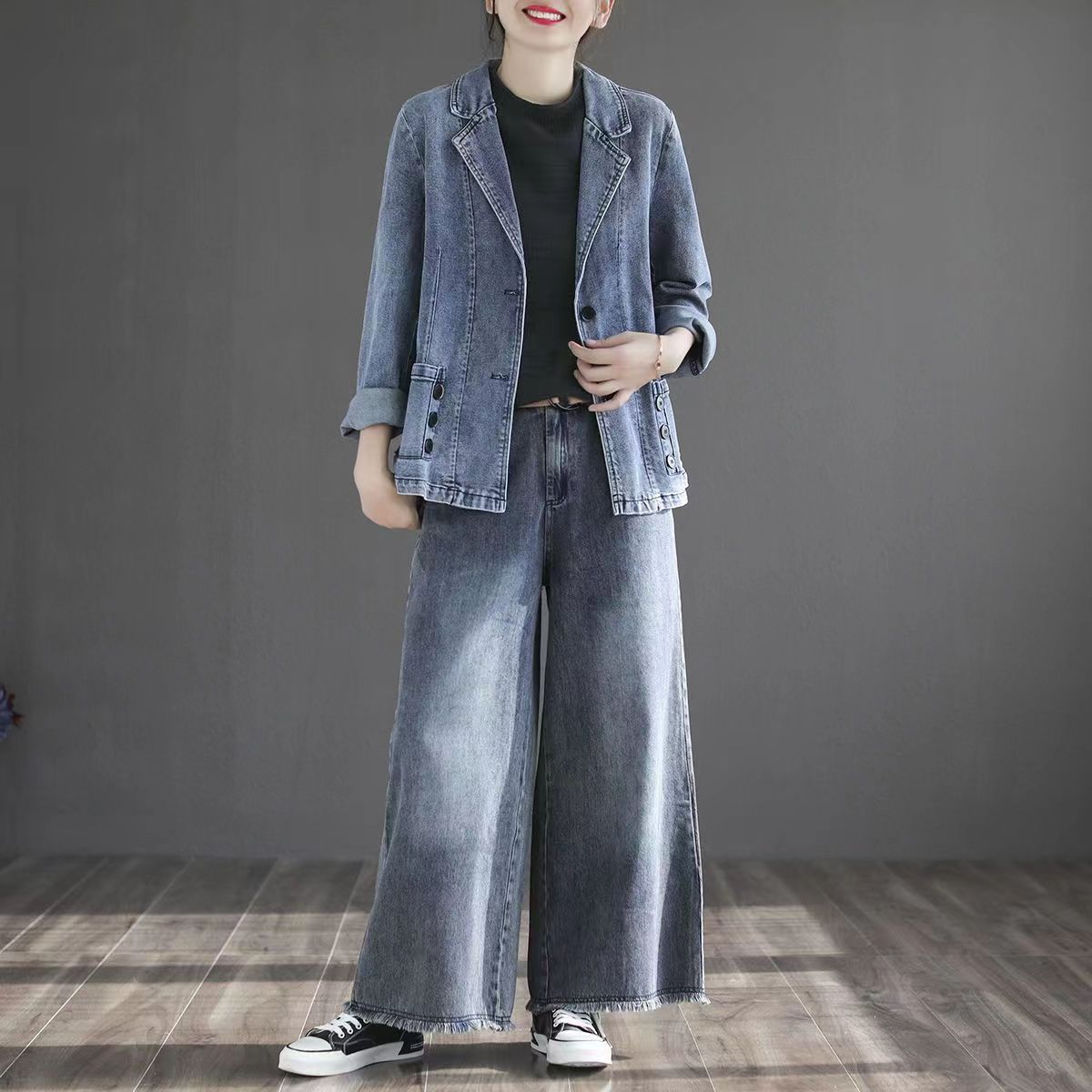 Dam Höst Lös Denimblandning Patchwork Långärmad Topp Med Fickor Blå