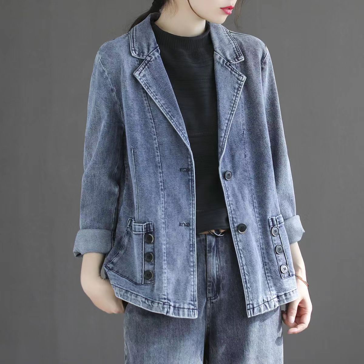 Dam Höst Lös Denimblandning Patchwork Långärmad Topp Med Fickor Blå