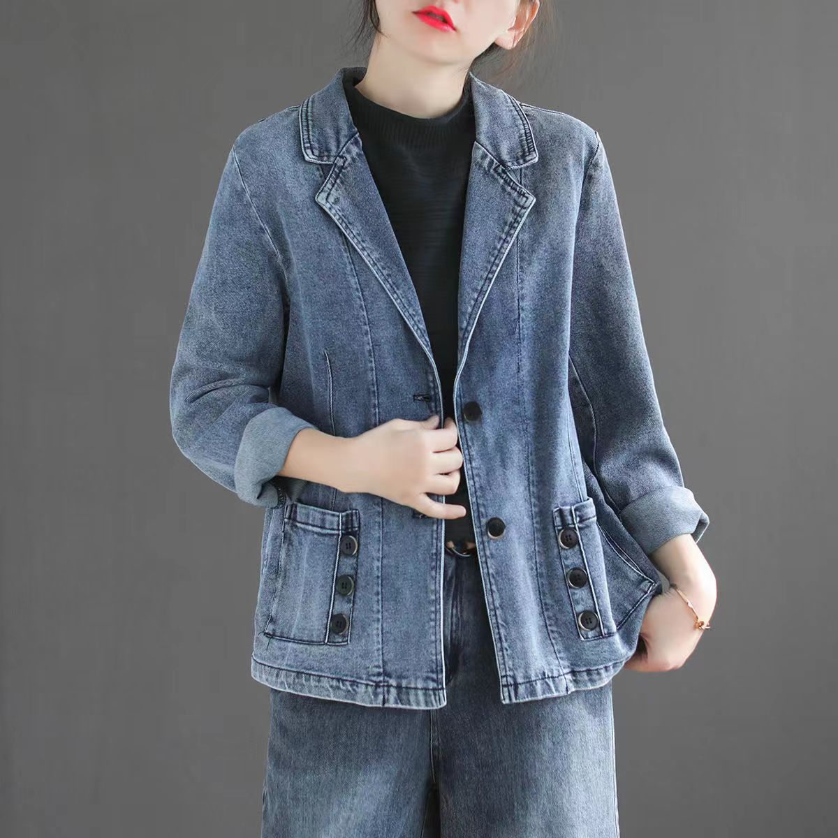 Dam Höst Lös Denimblandning Patchwork Långärmad Topp Med Fickor Blå