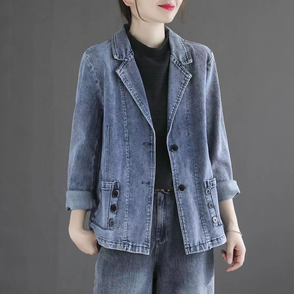 Dam Höst Lös Denimblandning Patchwork Långärmad Topp Med Fickor Blå